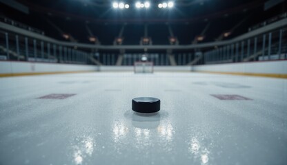 Fototapeta premium Hockey puck centered on the ice rink, concept of ice hockey preparation 