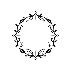 Elegant black and white botanical wreath design featuring stylized leaves, branches, and symmetrical arrangement, perfect for framing text or imagery.
