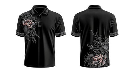 Black Polo Shirt Design - Front and Back Mockup with Tattoo Style Flowers, Black Polo Shirt with Tattoo Style Flower Pattern, Mockup Preview, on a transparent backgrounds