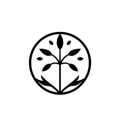Minimalist botanical emblem featuring a stylized plant with leaves and a stem, enclosed within a circular frame.
