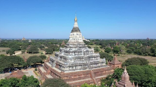 Rotating Drone view of Shwesandaw Pagoda, a Buddhist pagoda located in Bagan, Myanmar