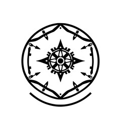 Intricate Black and White Circular Emblem, Featuring Compass Rose, Arrows, and Decorative Geometric Border on a Clean Background.