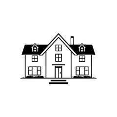 Black and White Vector Illustration of a Classic Two-Story Suburban Home with Dormers, Windows, and Chimney against a White Background.