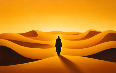 Solitary Journey: A silhouette of a solitary figure navigates the undulating dunes of an expansive desert, with the golden hues of the sun casting a warm glow over the landscape. 