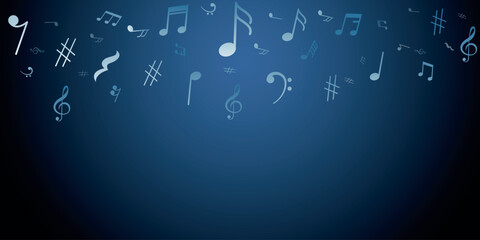 Blue musical notes floating against a dark background creating a vibrant atmosphere