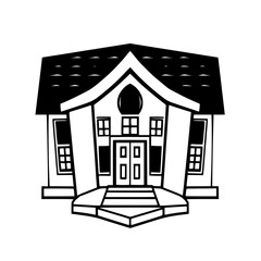A stylized, minimalist black and white illustration of a symmetrical building, with a multi-windowed facade, prominent roof, and arched window, creating a welcoming aesthetic.