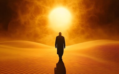Solitary Journey: A lone figure traverses a vast, sun-drenched desert landscape, his silhouette a testament to resilience and introspection.