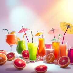 Colorful tropical drinks with garnishes and umbrella decorations surrounded by fresh fruit slices create a vibrant festive scene