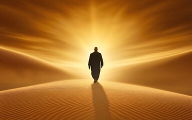 Solitary Journey: A lone figure traverses a vast desert landscape, silhouetted against a radiant sunset sky, evoking a sense of solitude, contemplation, and the journey ahead.