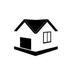 Geometric Isometric View of a Modern White House with Black Roof, Door, and Window, Isolated on White Background