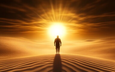 Desert Traveler Silhouette: A solitary figure, a resilient traveler, trudges across the vast, undulating desert sands towards the radiant sun, symbolizing hope and an unknown destination.
