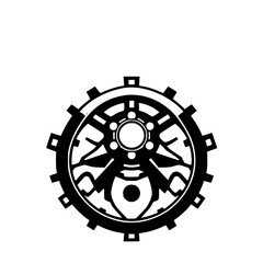 Obraz premium Intricate Black and White Mechanical Mandala: Symmetric Geometric Design, Futuristic, Gears, Industrial Symbolism, Digital Art