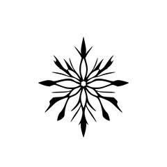 Symmetrical Black Snowflake Design on White Background: A Detailed, Intricate Silhouette in a Minimalist Style.