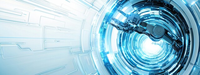 Obraz premium Futuristic Robotic Arm with Blue Light in Abstract Technology Background