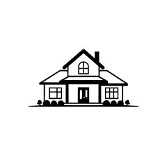 Fototapeta premium Black and white minimalist illustration of a house with gable roof, windows, door, chimney and landscaping on a white background.