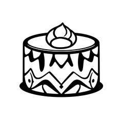 Black and white cake illustration with ornate, geometric patterns on the sides and a cream swirl on top, showcasing a minimalist design.