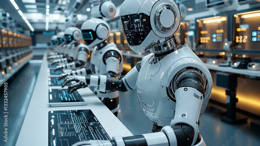 Poster advanced robotic assembly line in a high-tech facility showcasing automated production processes