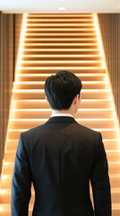 Man in suit facing illuminated staircase.