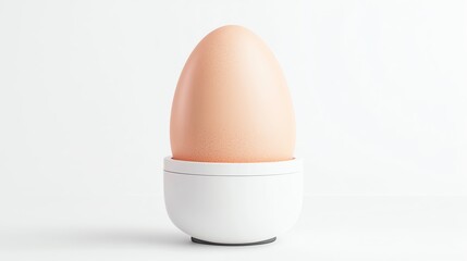 A single brown egg in a modern white egg cup on a minimalist background, perfect for breakfast or culinary themes.