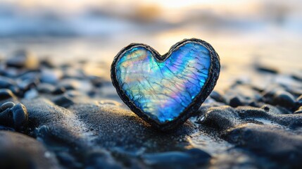 Fototapeta premium Heart-shaped stone with iridescent blue hues rests on dark beach pebbles at sunset. Perfect for love, nature, or spiritual themed projects.