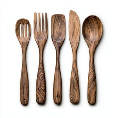Dark Brown Wooden Kitchen Utensils on White Background