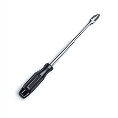 A sleek, stainless steel screwdriver with a comfortable black handle on a white isolated background.