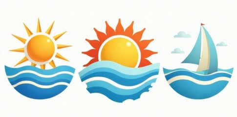 Obraz premium Stylized sun & sea icons; colorful, clean design, white backdrop, illustration, background, rays