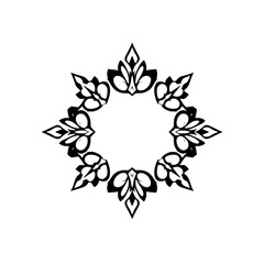 Symmetrical Black Floral Star-Shaped Motif with Leafy Elements and Circular Inner Space, Isolated on White.