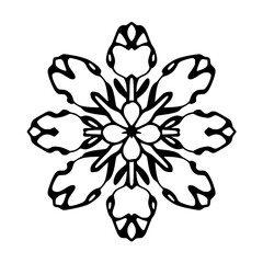 Symmetrical Black and White Flower-Like Ornament with Abstract, Geometric Petals and a Central Floral Design on a White Background.