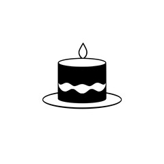 Minimalist Black and White Cake Icon: A simple, graphical representation of a birthday cake with a single candle, set on a plate, and a light background.