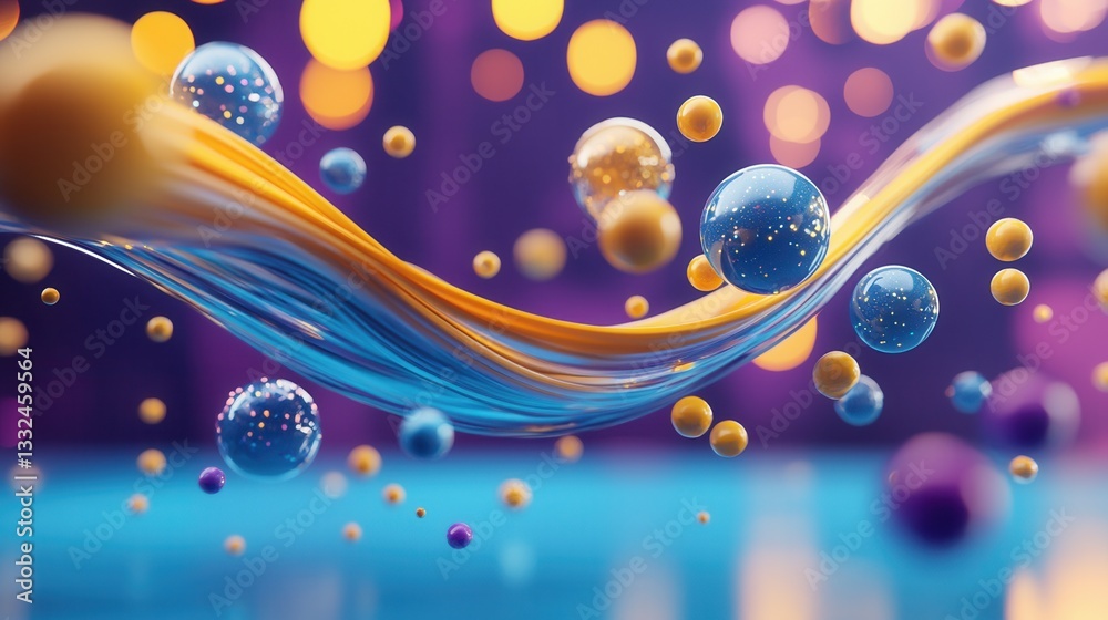 Poster vibrant abstract composition featuring a dynamic fluid motion with multicolored shimmering spheres a
