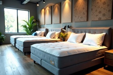 New mattresses displayed on beds in retail setting, comfort, image