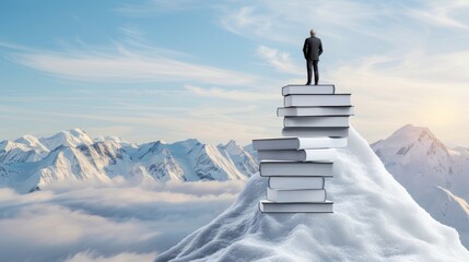 A mountain made of books with a person standing at the summit symbolizes the achievement of success through learning. Ultra-clear and defined.