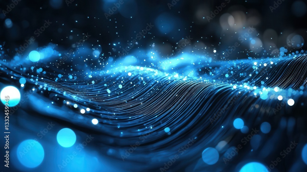 Poster a dynamic futuristic scene featuring a glowing tunnel with swirling blue particles and pulsating bea