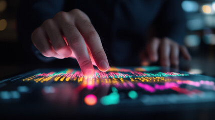 Close-up of a hand interacting with a digital data display.