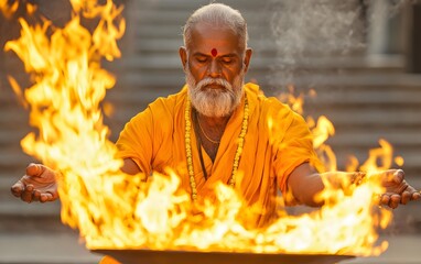 Sacred Ritual: An elderly man performs a fire ritual with utmost devotion and reverence. His face reflects the solemnity of the ceremony, conveying a deep connection to spiritual practice.