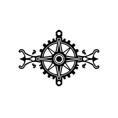 Obraz premium Detailed black and white steampunk compass rose design with a cogwheel outer ring, ornamental flourishes on either side, centered on a white background.