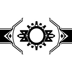 Geometric Black and White Design Featuring a Central Cogwheel with Ornamental Borders and Abstract Technological Elements.