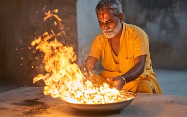 Sacred Ceremony: A devoted individual, bathed in the warm glow of flames, performs a traditional ritual, invoking a sense of reverence and spiritual connection.