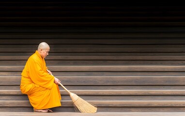 Monk in Contemplation: Capturing the quiet dignity of a monk sweeping wooden stairs, dressed in saffron robes. Reflection and spiritual practice are emphasized in this serene scene.