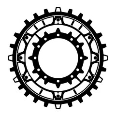 Intricate, Multi-Layered Gear Icon with a Distinctive Black and White Aesthetic, Emphasizing Precision and Mechanical Design.