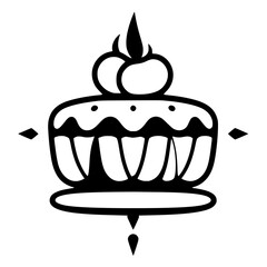 Vector illustration of a whimsical birthday cake with a bold, black and white design, featuring decorative details.