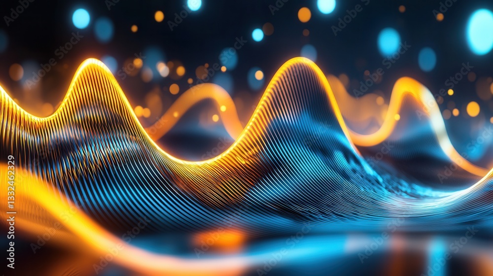 Poster an abstract mesmerizing image featuring undulating luminous neon waves against a dark futuristic bac