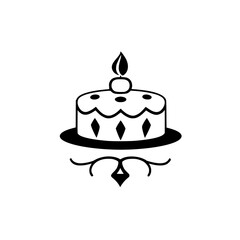 Elegant Black and White Illustration: Birthday Cake with Lit Candle, Diamond Accents, and Decorative Flourish.