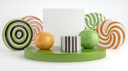 Colorful Lollipops and Candy Spheres on Green Platform Display