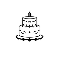 A two-tiered birthday cake illustration, adorned with a lit candle, heart, and decorative frosting swirls on a scalloped platter.
