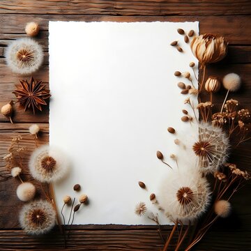 Natural arrangement of dried flowers and dandelions surrounding a blank sheet