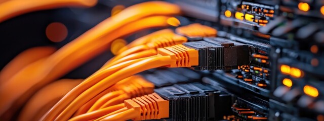 Close-Up View of Network Cables Connected to Server Rack