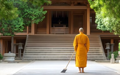 Serene Temple Grounds: A monk, dressed in a traditional robe, maintains the tranquility of a temple by sweeping the grounds. The image conveys peace and mindfulness.