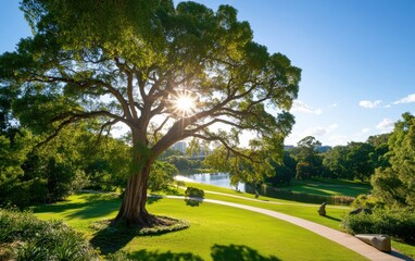 Naklejka premium Dramatic view of a prehistoric Wollemi tree basking in sunlight by a tranquil lake in a lush green park setting